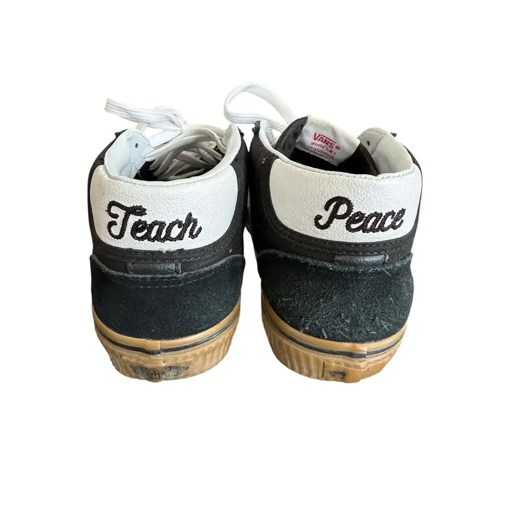 Vans Mid Skool “Teach Peace” Sneakers Black White Gum Sole Women’s 7 Men’s 5